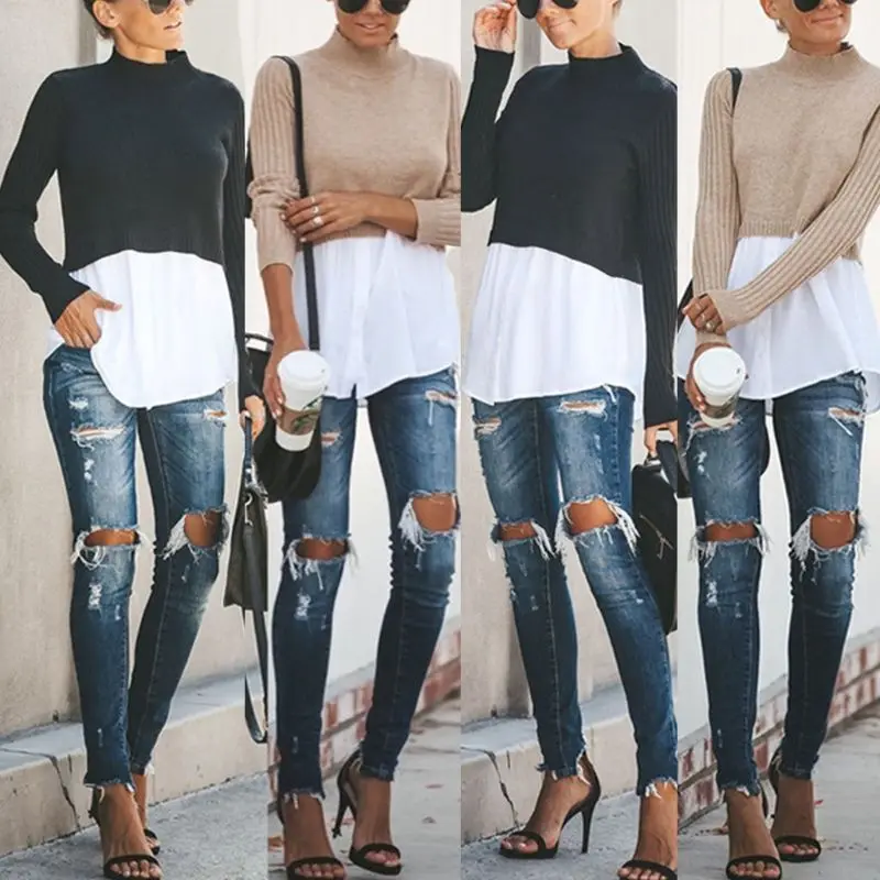 Женский трикотажный пуловер 2 в 1 рубчик с длинным рукавом и пуговицами | Женская