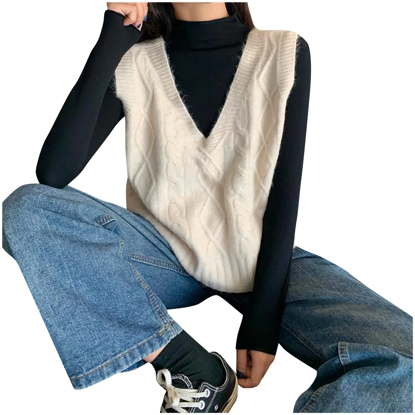 

1045 Women's Vest Knitting Sweater V-Collar Tops Knitted Classic Sleeveless Sweaters 2021 NEW Design Fashion