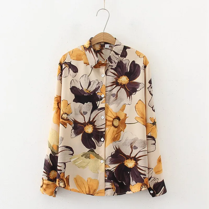 

Spring Vintage Floral Print Shirt Women Casual Loose Long Sleeve Blouse Ladies Lapel Tops