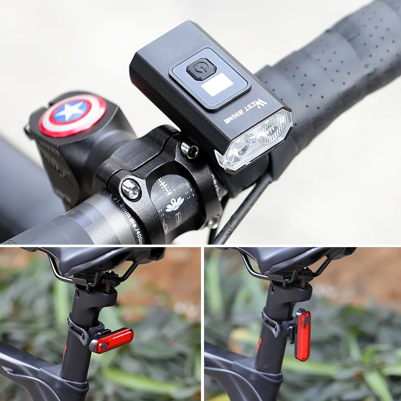 

WEST BIKING 350 Lumens Bike Light With Battery Display USB Rechargeable Headlight Waterproof LED Cycling Front Rear Lamp