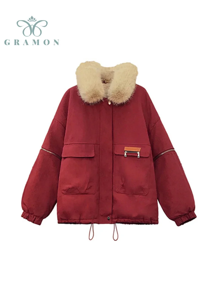 

Winter Jackets 2021 New Women's Thicken Warm Long Sleeve Loose Coats Plush Collar Fashion Manteau Femme Hiver Plus Size Clothes