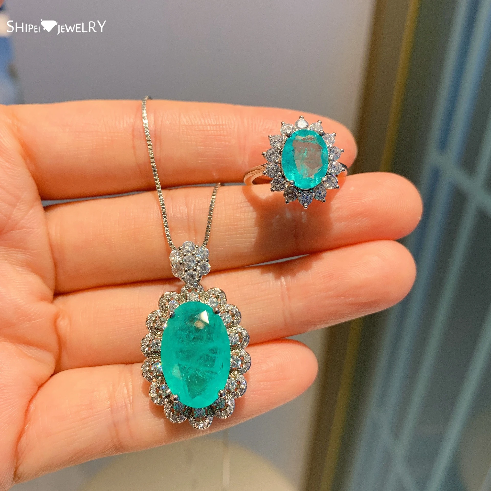 

Shipei 925 Sterling Silver Oval Cut Paraiba Tourmaline Created Moissanite Gemstone Ring/Pendant/Necklace Jewelry Set Wholesale