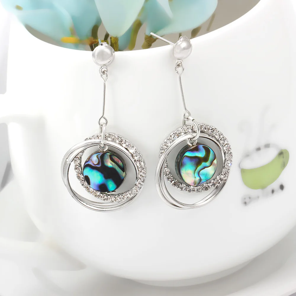 Fashion Color Abalone Shell Earring Double Circle Zircon Crystal Long Drop Geometric color Gold Bohemia Jewelry | Украшения и