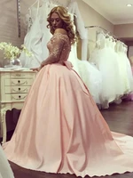 2020 boat neck off the shoulder long sleeve sexy pink lace appliques ball gown prom dresses bow evening gowns robe de soiree
