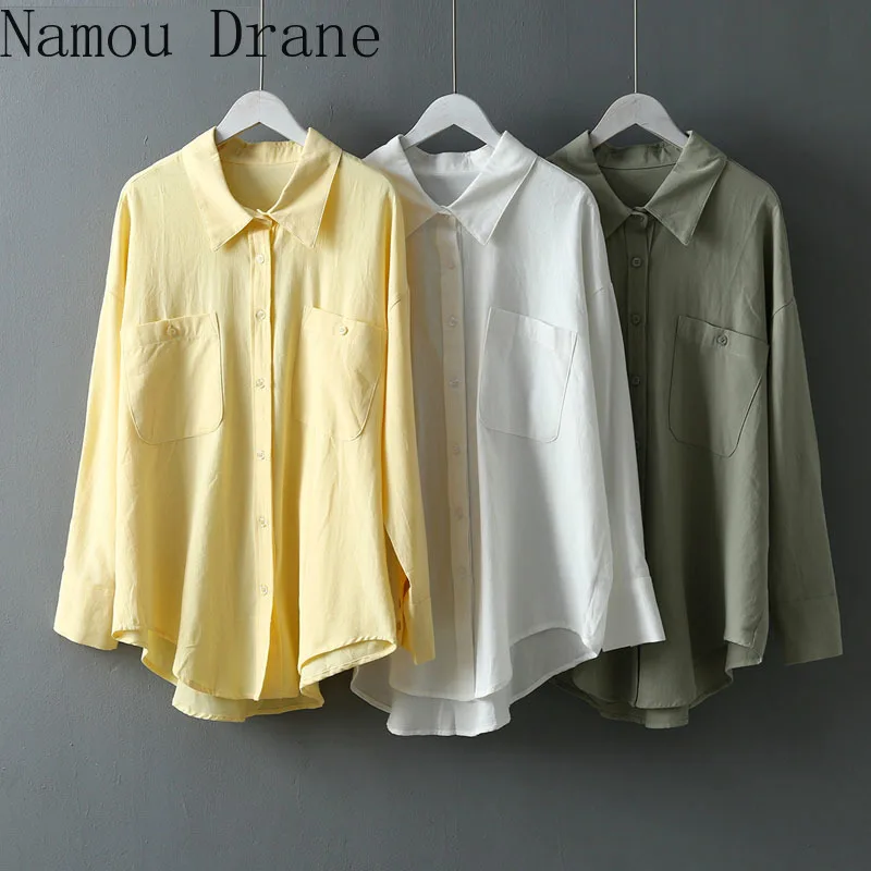 

Lapel Office Blouse Women's Blouse New Double-pocket Fashion Long-sleeved Shirt Women's Basic Shirt Spring Yellow