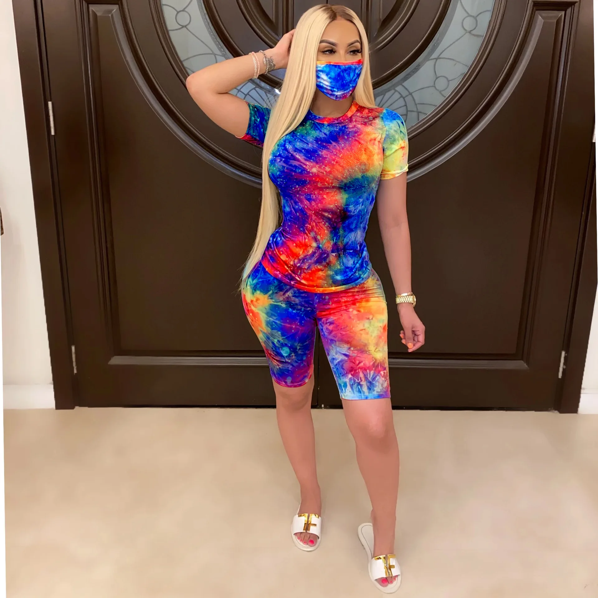 

BJYL Women Sports Suits Two Pieces Set Short Sleeve O Neck Top Short Pants 2 Pieces Set Tracksuits Skinny Outdoor Wear