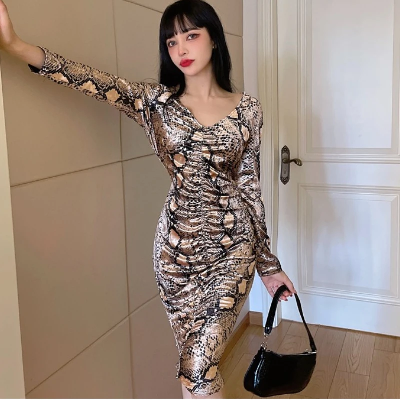 

Women'S Fashion Bodycon Sexy V-Neck Party Pencil Dress Vintage Knee-Length Bag Hip Vestidos 2021 Fall Femme Clothes