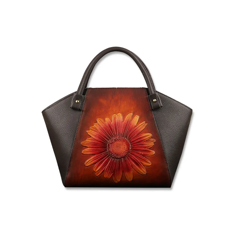 

Женская сумка-тоут из натуральной кожи, с длинным плечевым ремнем, с изображением цветов, ручная работа, 2020