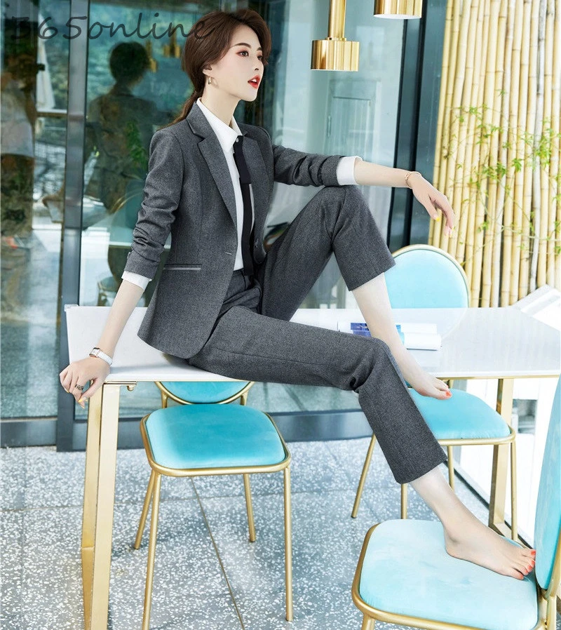 Новинка серого цвета официальный дизайн женские деловые костюмы с брюками и