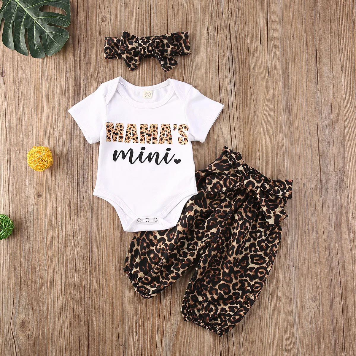

AA 2020 Baby Girls Clothes Sets Letter Leopard Print Short Sleeve Romper Tops+Pants+Headband Newborn Clothing 0-18M