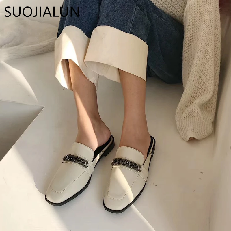 SUOJIALUN/Роскошные Дизайнерские шлепанцы без шнуровки; брендовые босоножки в британском стиле с цепочкой; шлепанцы на плоской подошве с круглым носком; большие размеры 41