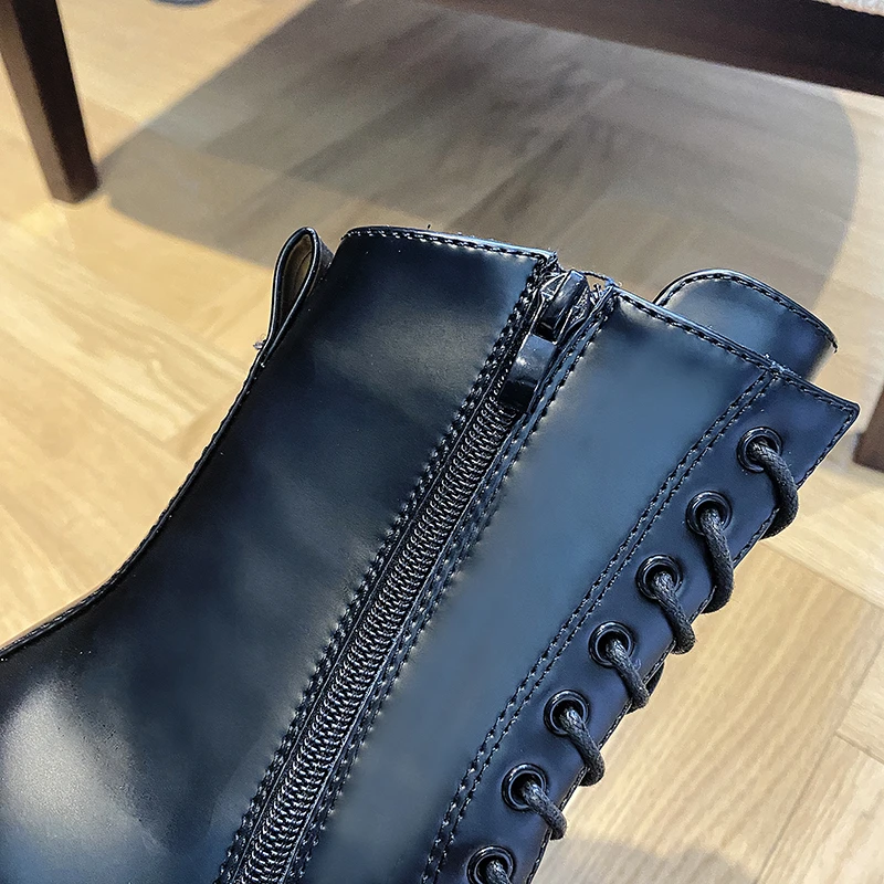 

2021 Motorcycle Women's Boots Winter Soft Leather Shoes Black Botas Wedges Female Lace Up Platforms Women Black Botas Mujer