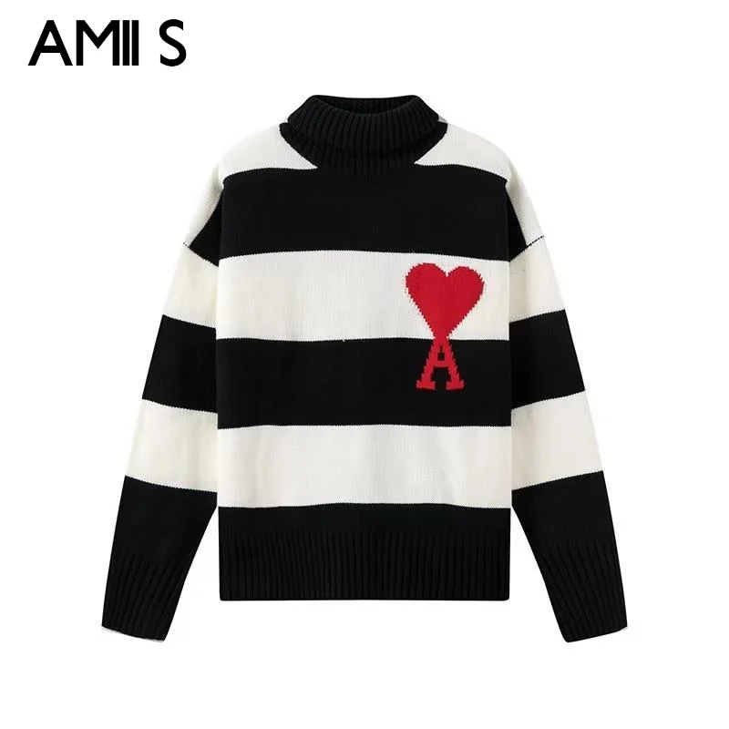 

AMI love A embroidered turtleneck Cashmere sweater Christmas striped sweater men and women pullover Paris fashion top