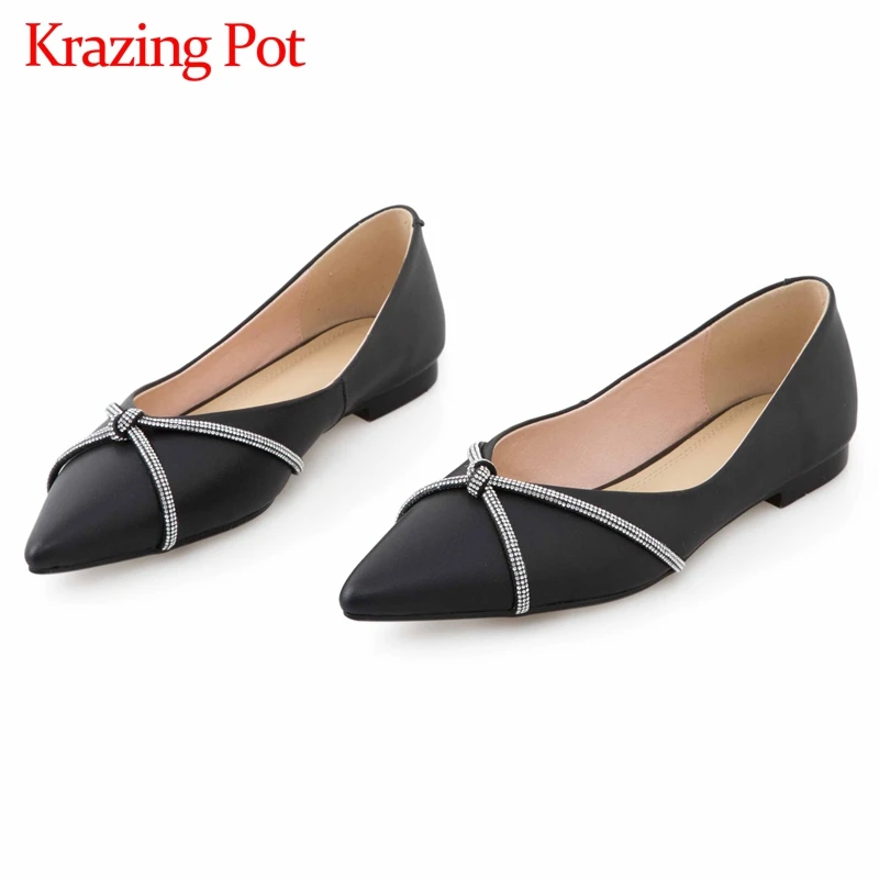 

Krazing Pot big size spring summer season leisure full grain leather rhinestone pointed toe low heel slip on superstar pumps L62