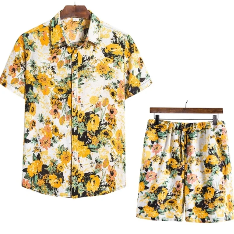 

Men Hawaiian Sets Printing 2021 Summer Short Sleeve Button Shirt Beach Shorts Streetwear Casual Mens Suit 2 Pieces M-5XL