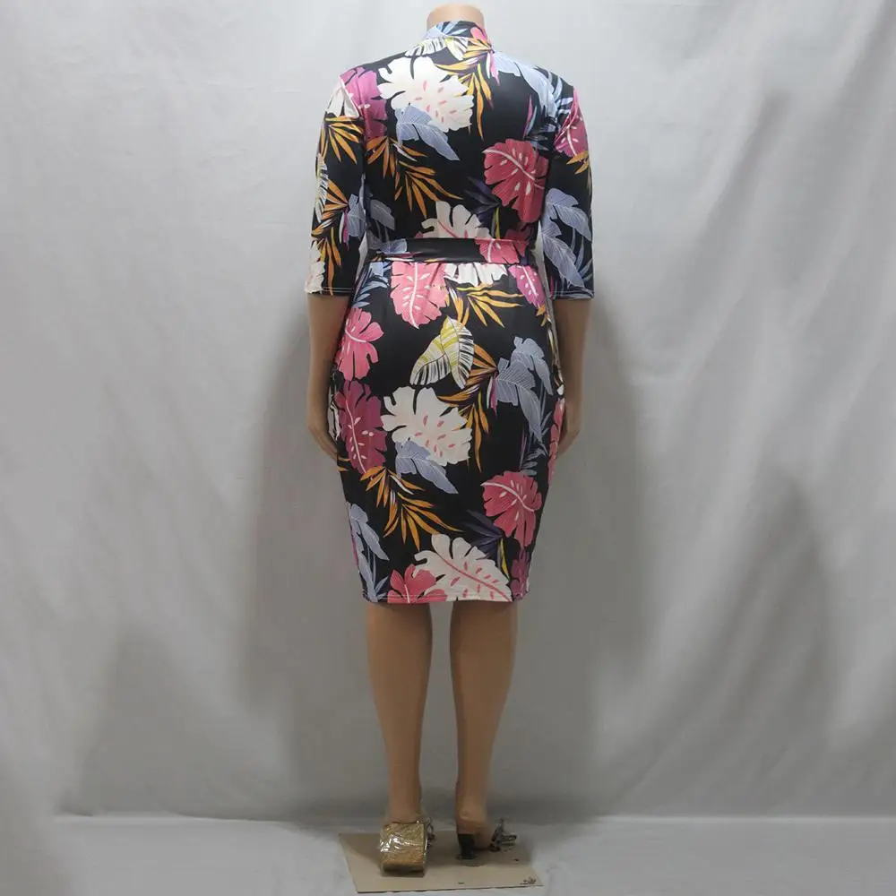 

Big Size Dress Women 3XL 4XL Floral Print Zipper High Waist Pencil Knee Length Sheath Elegant Work Business Office Dresses Midi