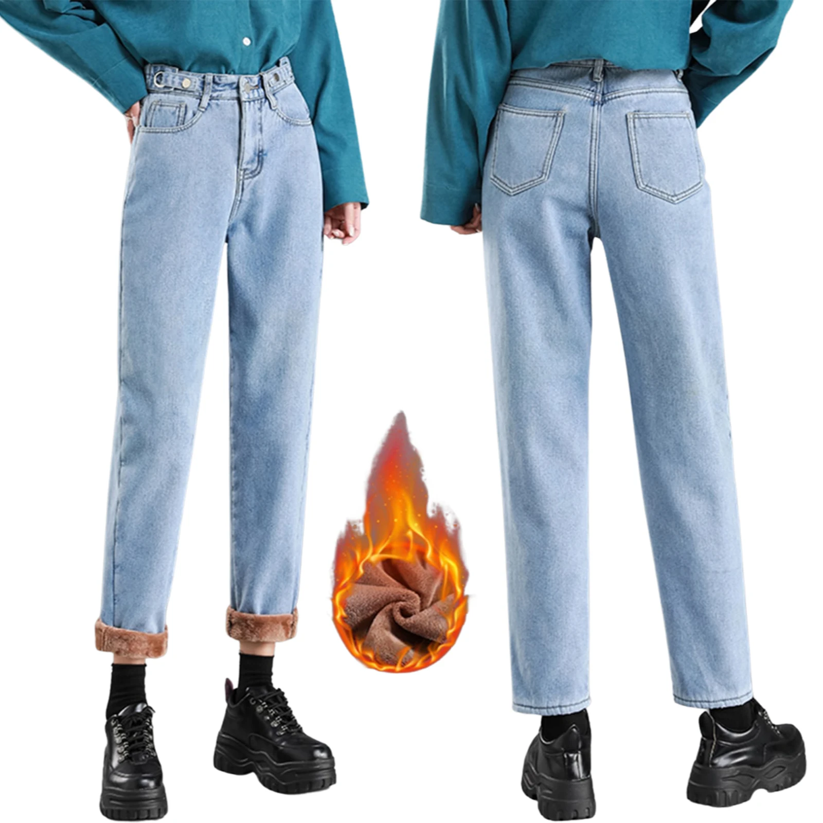 

Women Denim Pants Thick Plush Elastic Buttoned Waist Wide Pants Women Clothing Fashion Women Winter Thick Warm Pants