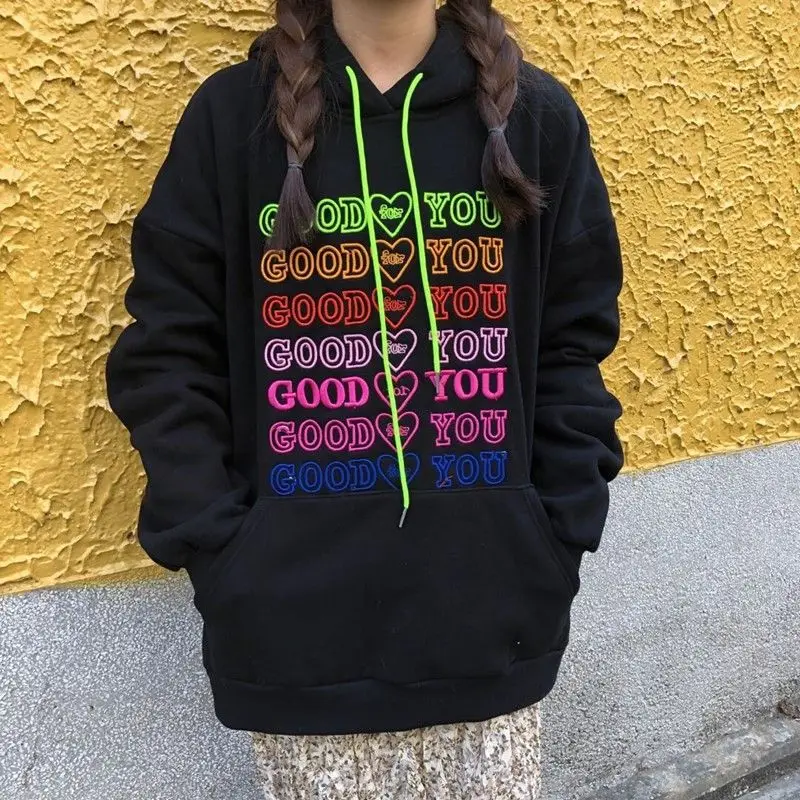 

Letters Embroidery Sweatshirt Warm Fleece Winter Clothes Women Oversized Harajuku Hoodie Long Sleeve Korean Style Tops for Girls