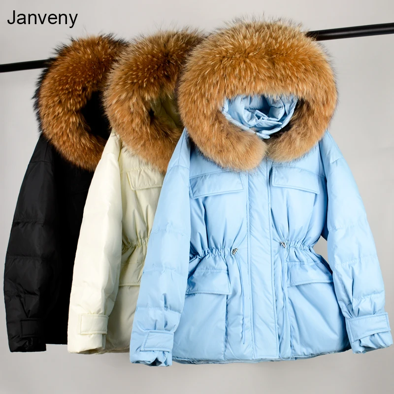 

Куртка Janveny Женская на белом утином пуху, с капюшоном из натурального меха енота, Толстая теплая свободная парка, выдвижная куртка на талии