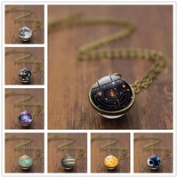 16mm double sided glass ball planet necklace pendant solar system milky way starry sky necklace retro sweater chain for women