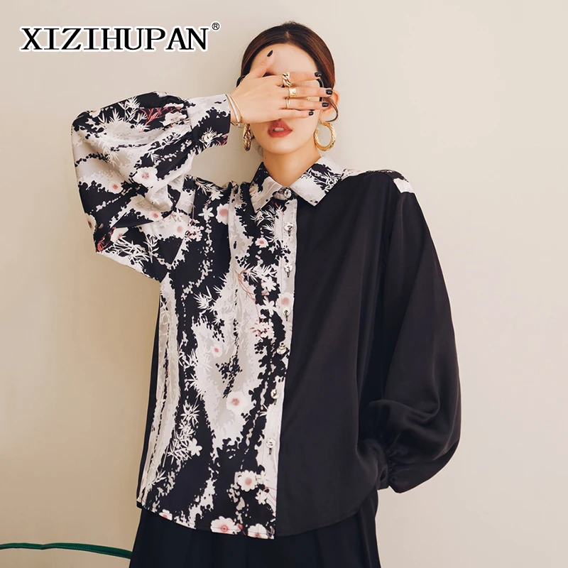 

XIZIHUPAN Black Floral Patchwork Shirt For Women Lapel Collar Lantern Sleeve Women's Shirts 2021 Fashion Korean Style Clothing
