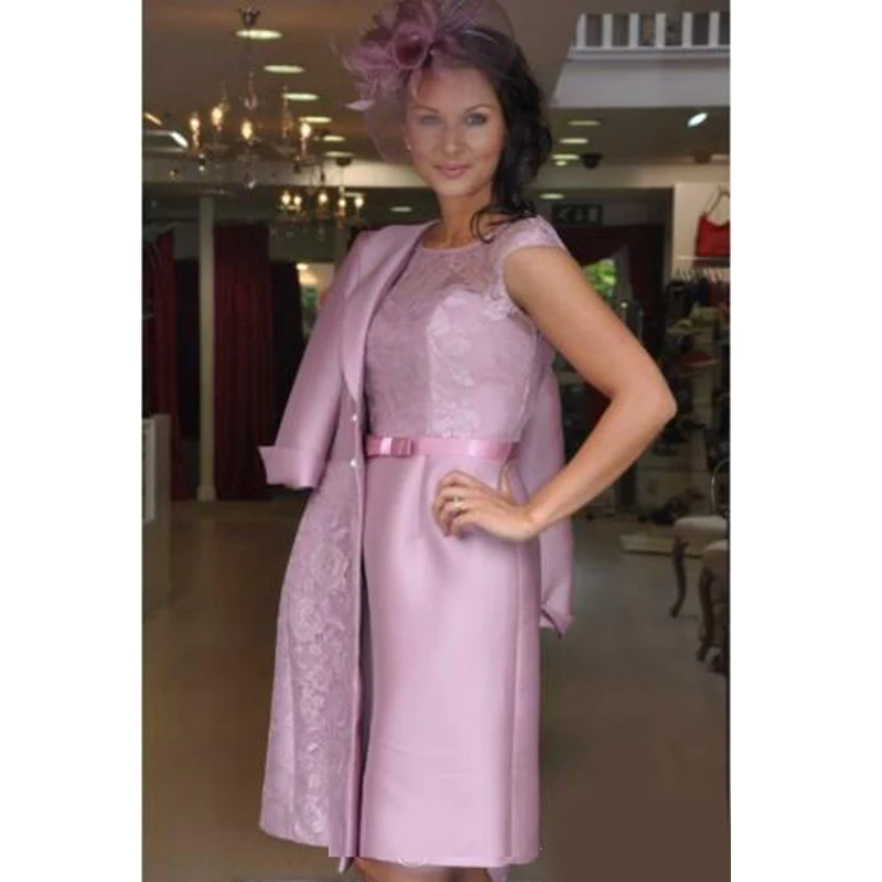 

2020 Lace Blush Pink Mother of the Bride Dress Long Sleeveless Sash Bow Plus Size with Jacket Knee Length