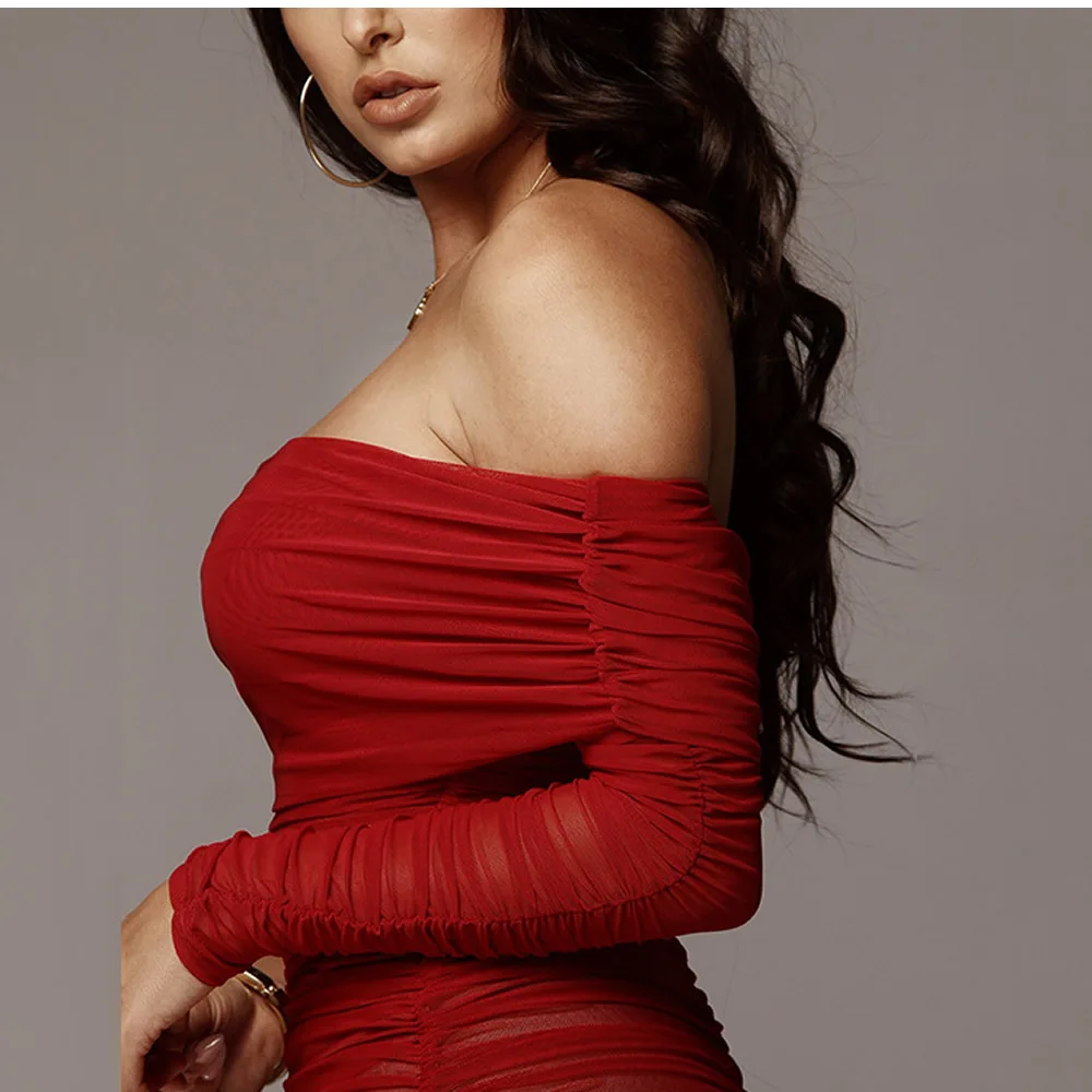 Женское облегающее Сетчатое платье средней длины красное черное с одним рукавом