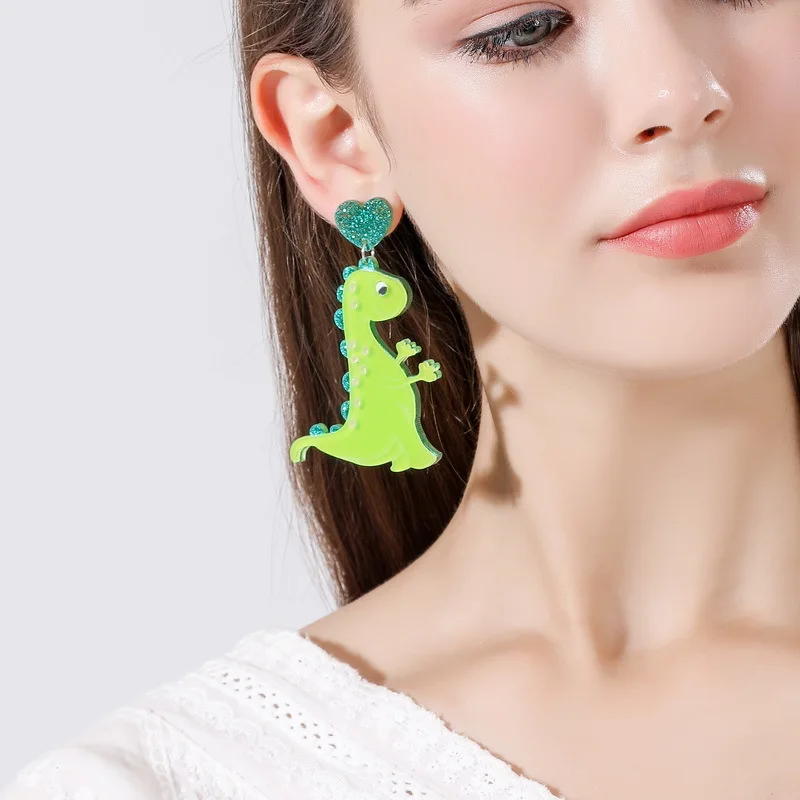 

1pair Cute Acrylic Green Dinosaur Earrings For Women Funny Female Cartoon Dinosaur Drop Dangle Earrings Party