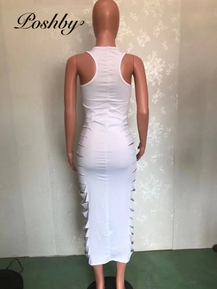 

Poshby Summer Hole Sleeveless White Dress Sexy V-Neck Sheath Elastic Ankle-Length Dress 2021 Fashion Women Nightclub Party Dress