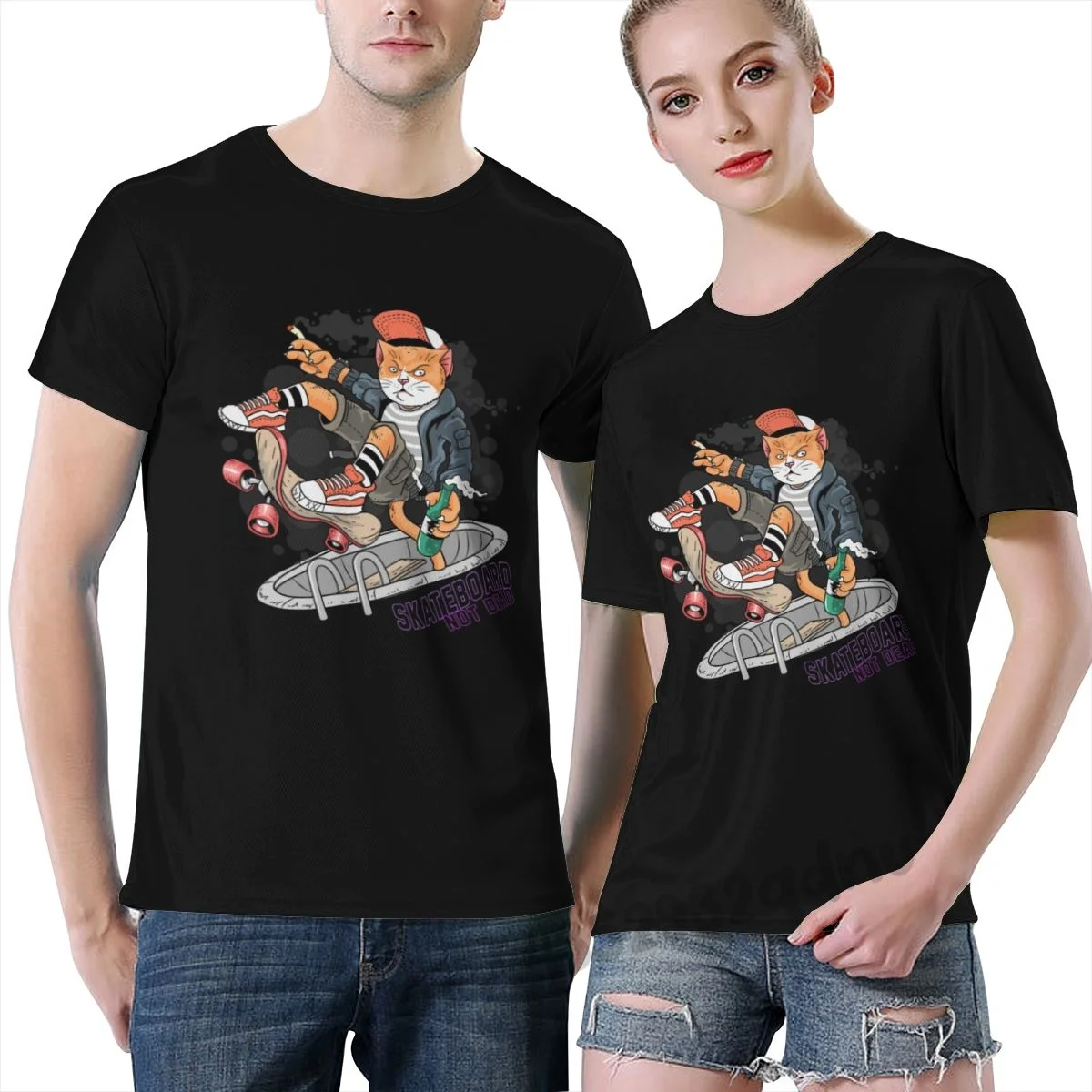 

Крутая Мужская футболка для скейтборда, кошки, хипстерская винтажная одежда большого размера из хлопка с коротким рукавом для мужчин и женщ...