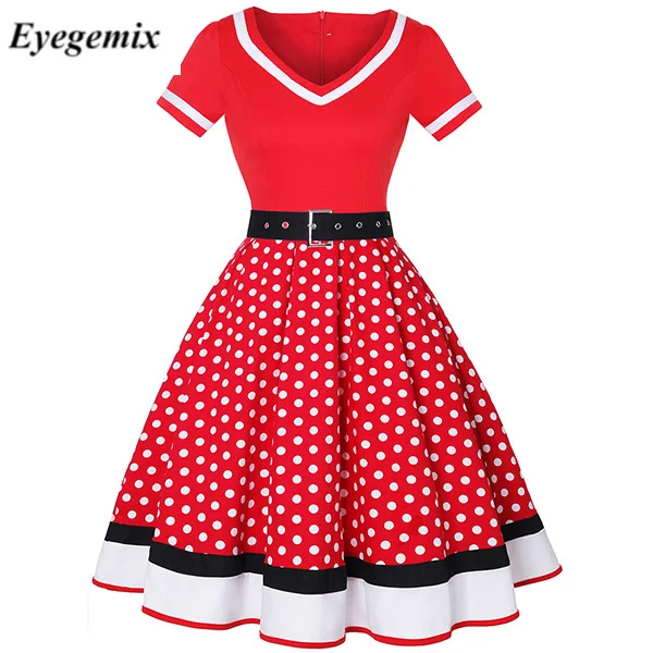 Женское винтажное платье в горошек с поясом V-образным вырезом и коротким рукавом