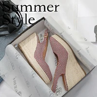 summer new style 2021 european and american style striped single shoes ladies pointed toe thick soled straw high heels