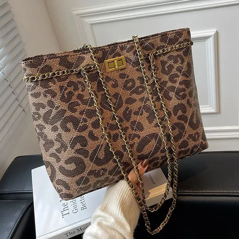 

Женская сумка-тоут с металлической цепочкой, зимняя вместительная сумка с леопардовым принтом, 2021