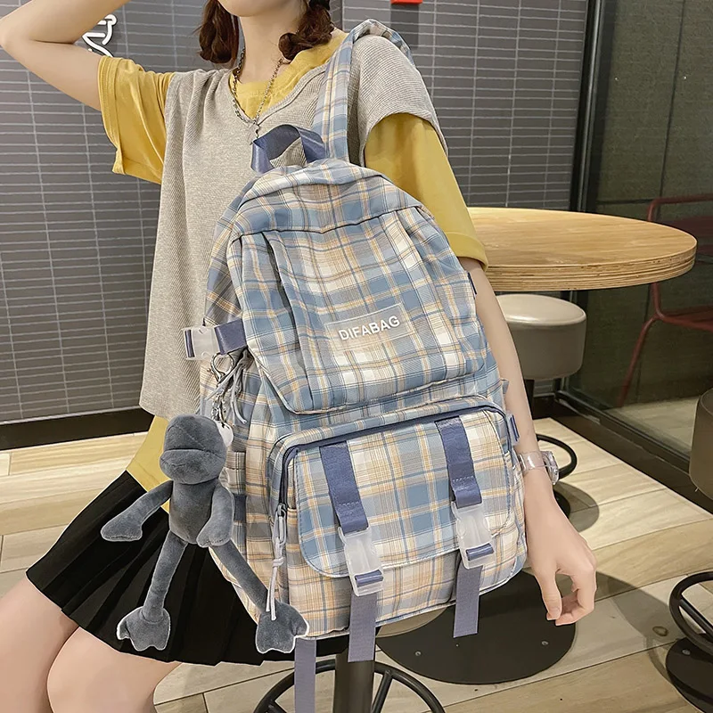 

HOCODO Multi-Pocket Plaid Backpack Women Cotton Large Capacity Schoolbag College Student Laptop Backpack Kawaii Student Rucksack