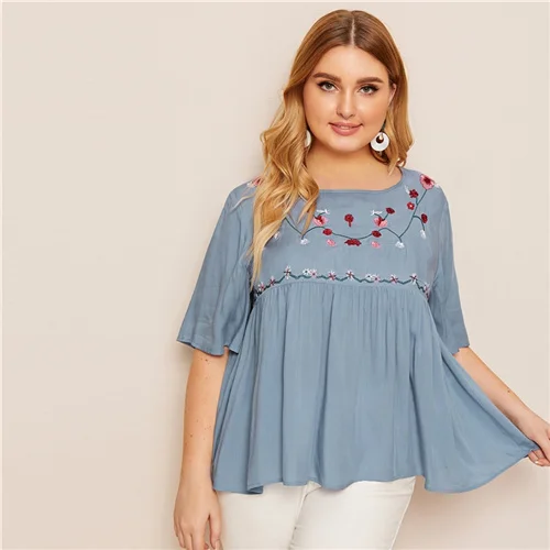 Синий Dotfashion/женская блузка с вышивкой спереди, большие размеры,, Осенние повседневные блузки с открытыми плечами, топ с оборками - Цвет: Синий
