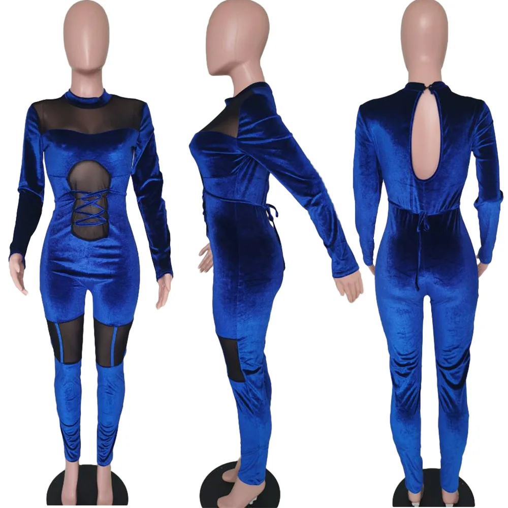 

PinePear Sexy Mesh Sheer Splice Velvet Jumpsuit Women Backless Long Sleeve One Piece Party Club Outfits Bodycon Romper Wholesale