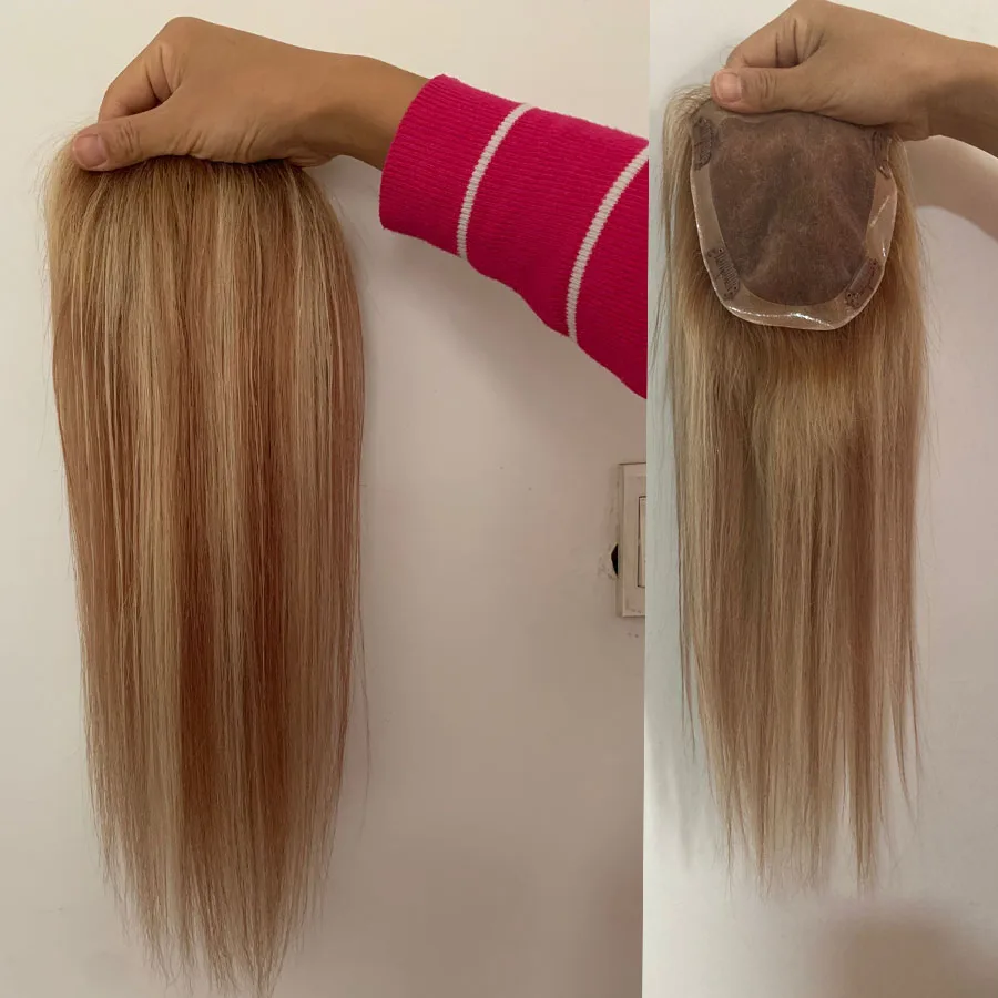 Highlight Brown and Blonde Hair Topper Mono+pu+Clips Remy Human Hair Topper Toupee Women 12*15cm 8-20 inches Ombre Color