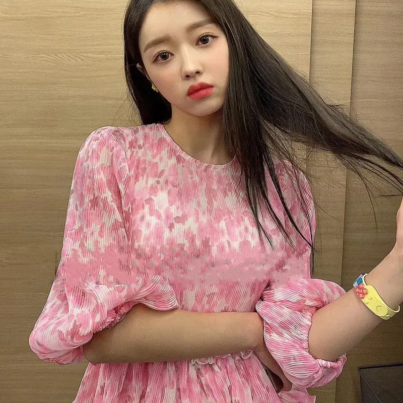 

Sweet Slim Summer Lantern Sleeve Print Woman Cake Mini Dress Casual New Fashion High Version Dresses Ladies Pleated Dress ML167