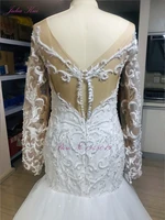 Julia Kui Luxury Skin Nude Mermaid Wedding Dresses With Lots of Pearls and Rhinestones Full Sleeve Bridal Dress