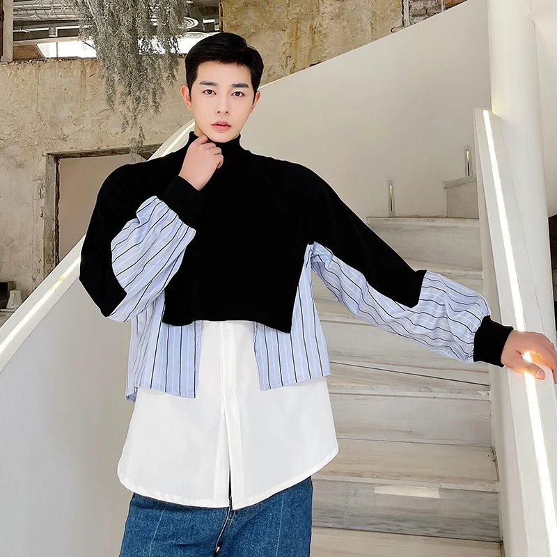 

2022 Autumn Men's Turtlenneck Stripe Pullover Sweatshirt Male Streetwear Hip Hop Korean Fashion Long Sleeve Hoodie Men's Wear