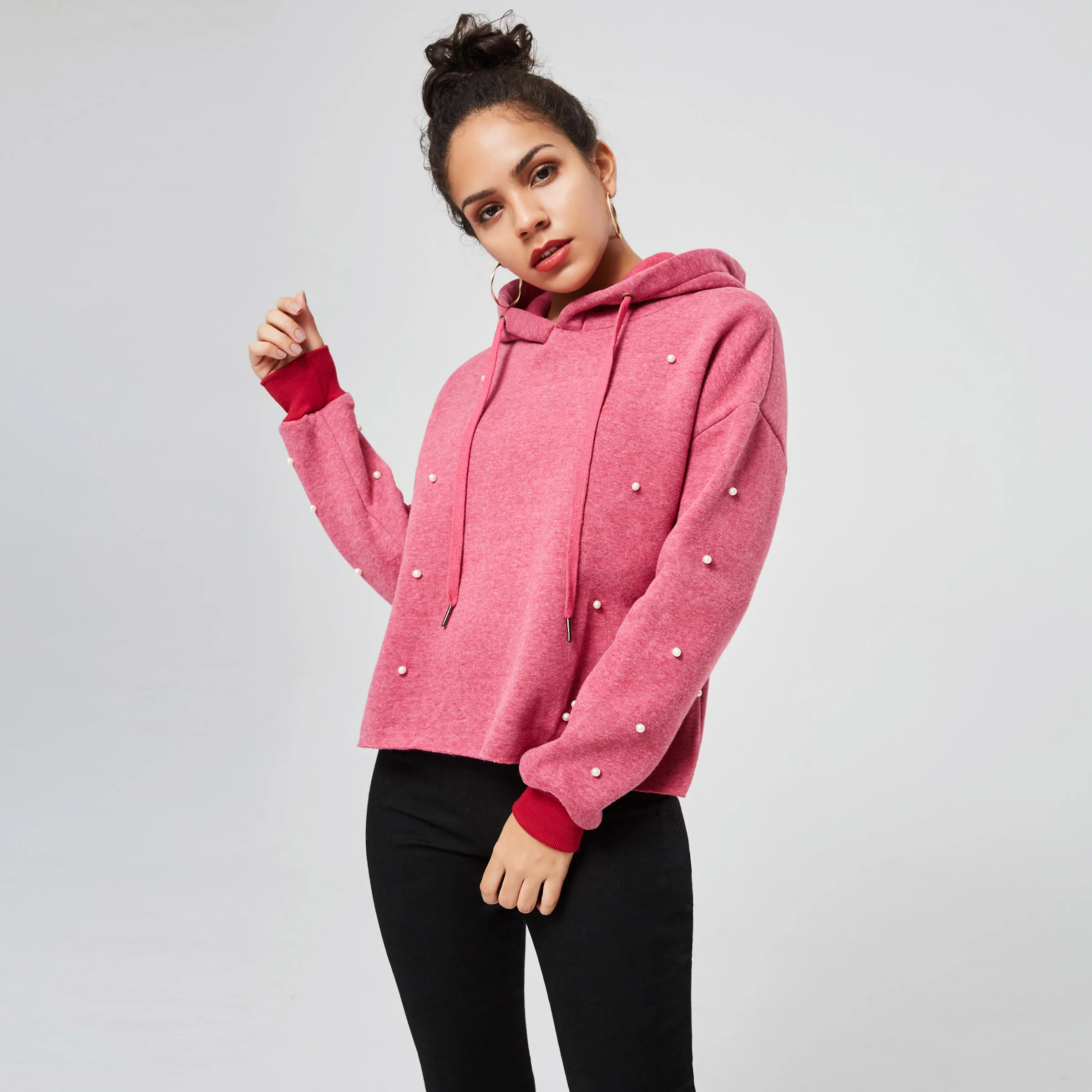 Простые бусины декоративный пуловер Женская Толстовка Повседневная Спортивная