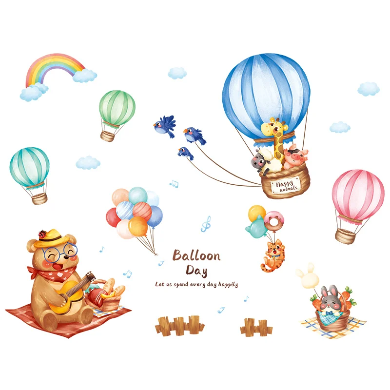 

Cartoon Animals Hot Air Balloon Wall Stickers for Kids Rooms Bedroom Wall Decortion Door Paste Self-adhesive Furniture Wallpaper
