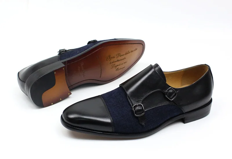 DANIEL WAFER Brand Designer Monk Strap Mens Dress Shoes Genuine Leather With Denim Black Brown Wedding Party Dress Shoes Men