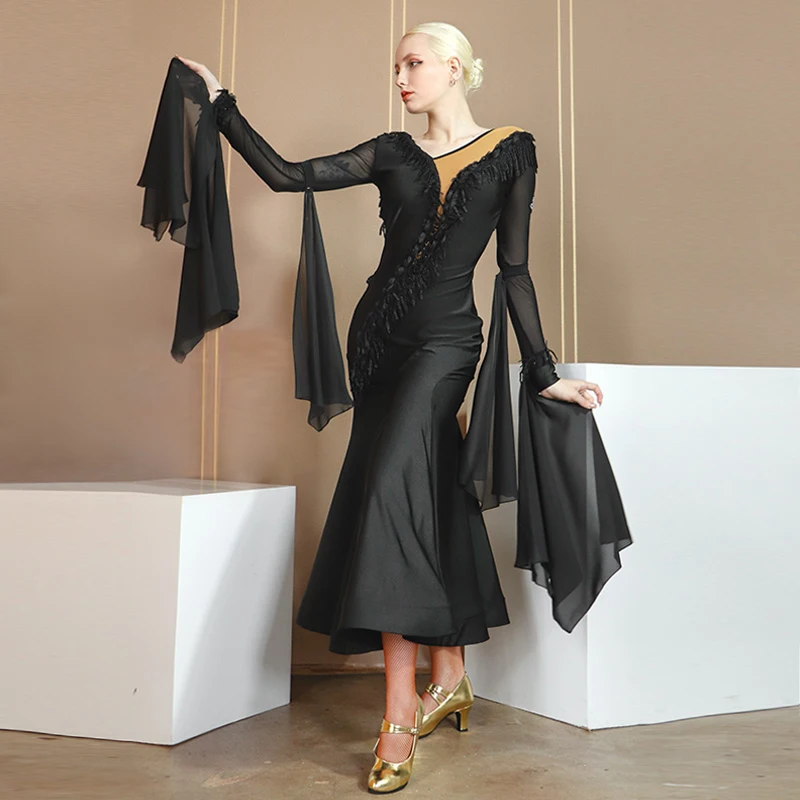 

Modern Dance Performance Costume Adult Lace Big Skirt Sexy Ballroom Dance Competition Dress For Women Waltz Tango Dress DN8218