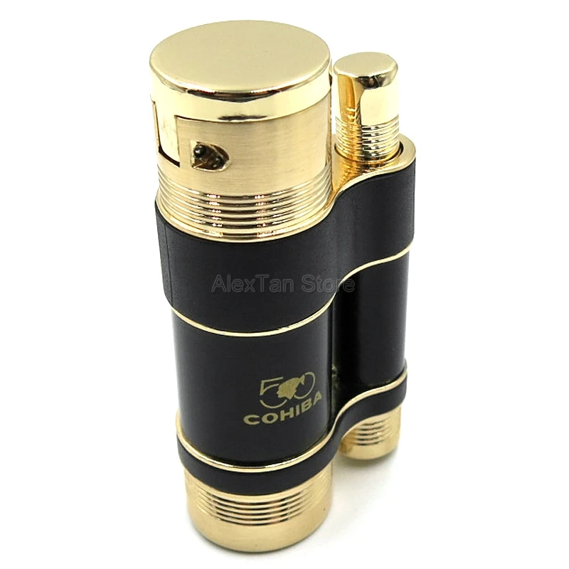 Gold COHIBA 50th юбилей карманные металлические ветрозащитные зажигалки 3 синий фонарь огонь пламя сигарета зажигалка с клапаном фонарь Adjuste - Цвет: Gold
