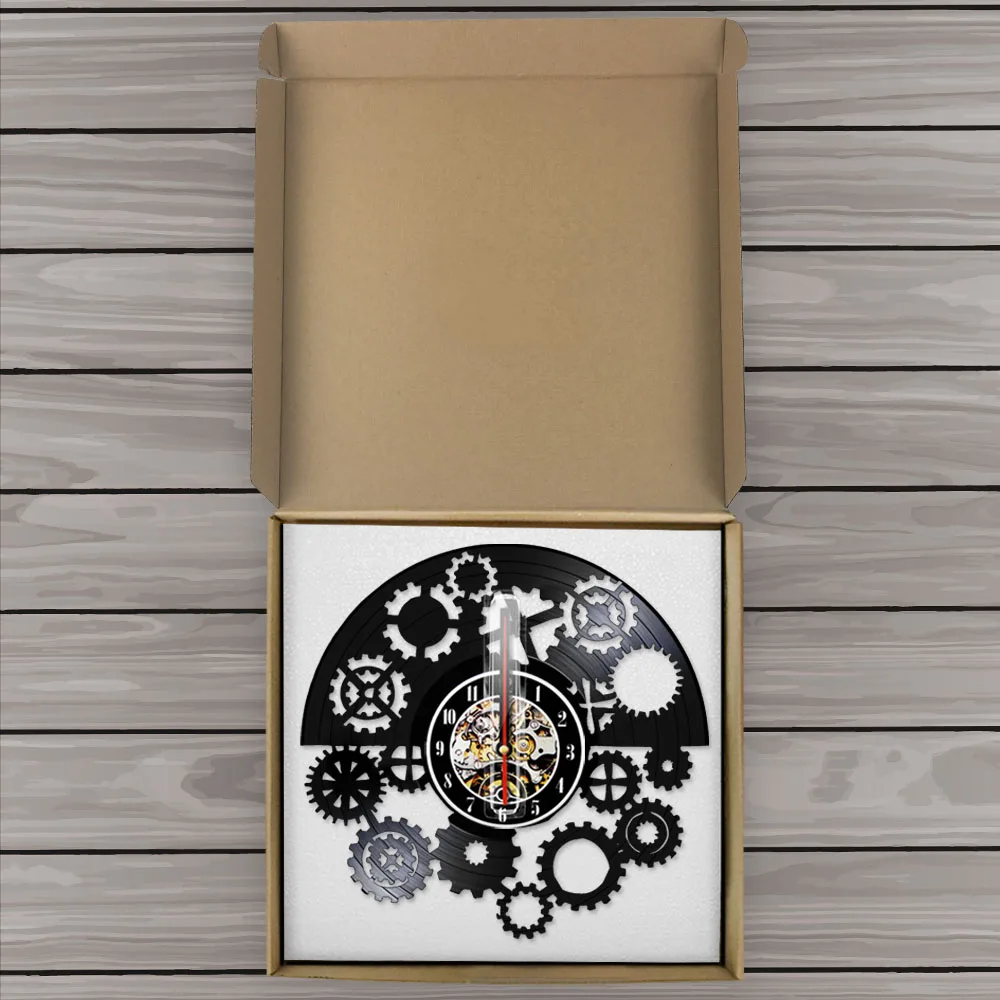 Готический стимпанк виниловая запись настенные часы шестерни Черный виниловый