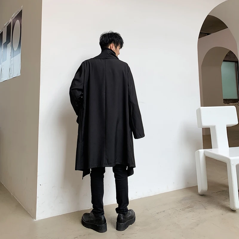 

Male Loose Hip Hop Windbreaker Stage Coat Men Japan Streetwear Punk Gothic Black Irregular Long Kimono Cardigan Trench Jacket