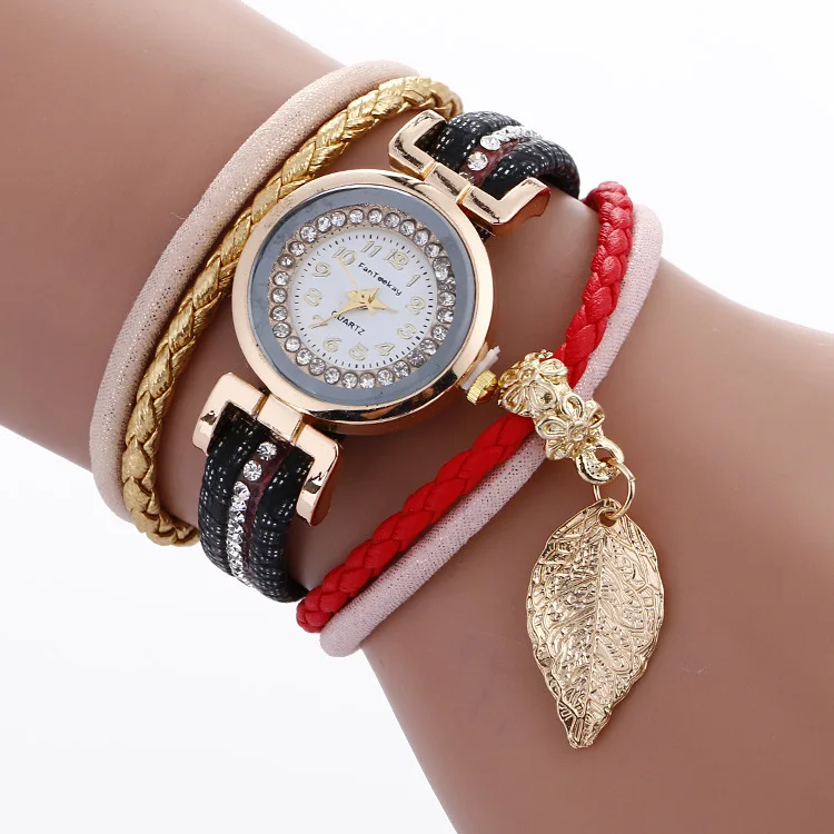 

Luxury Magnetic Buckle Braided Rope Bracelet Watch Women's Golden Leaf Pendant Fashion Quartz Wrist Watch gift