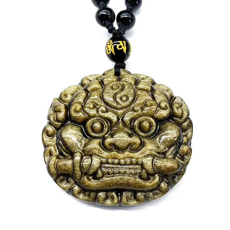 SHIYM Прямая поставка золотой обсидиан Foo Dog ожерелье с подвеской в форме головы
