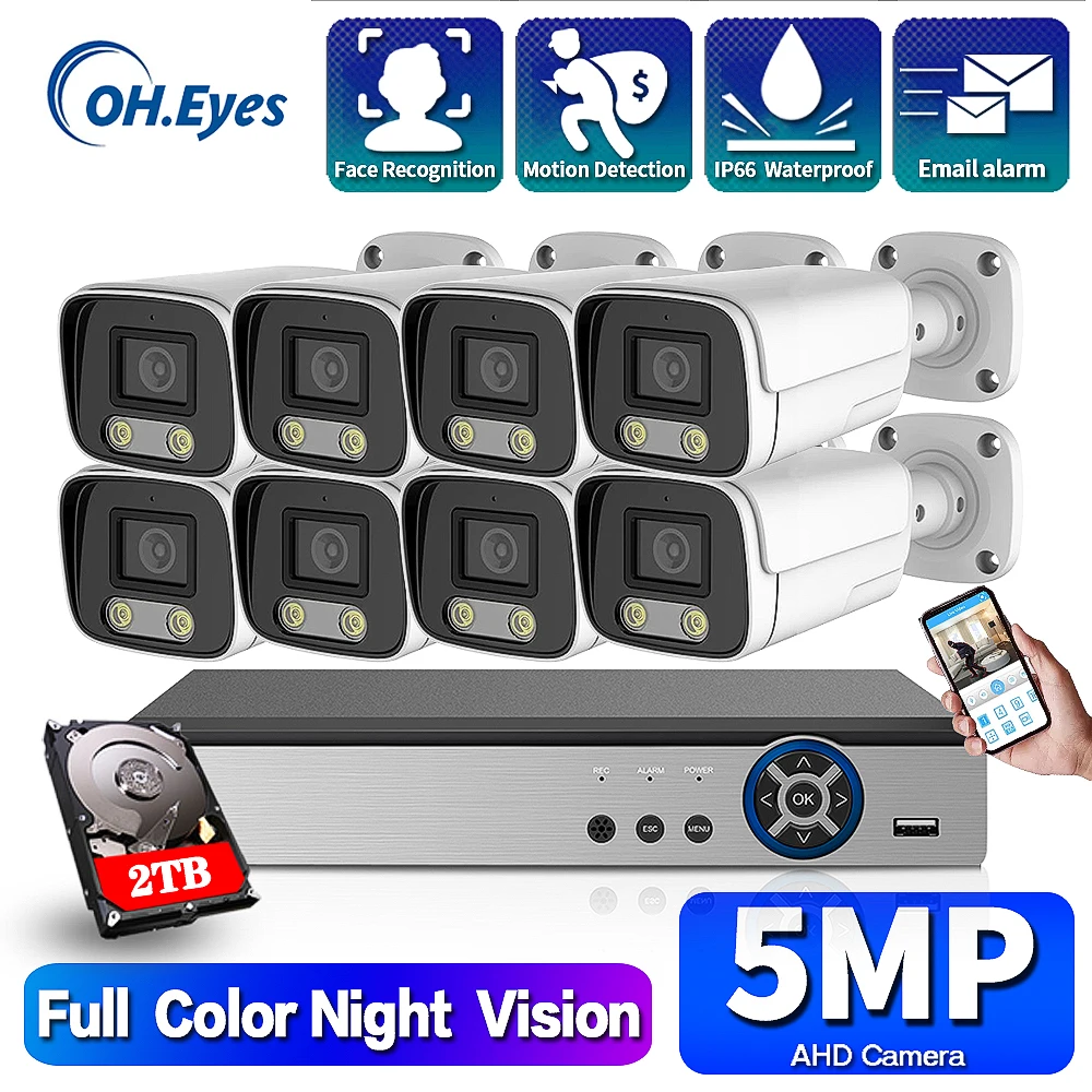

OH.EYES 8CH DVR System Kit AHD Face Ditection Colorful Night 5MP HD Camera CCTV Security Surveillance System IP66